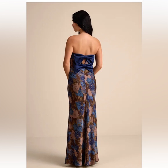 Lulus Artemisia Brown Multi Floral Strapless Bow Maxi Dress - Size S - Picture 3 of 3